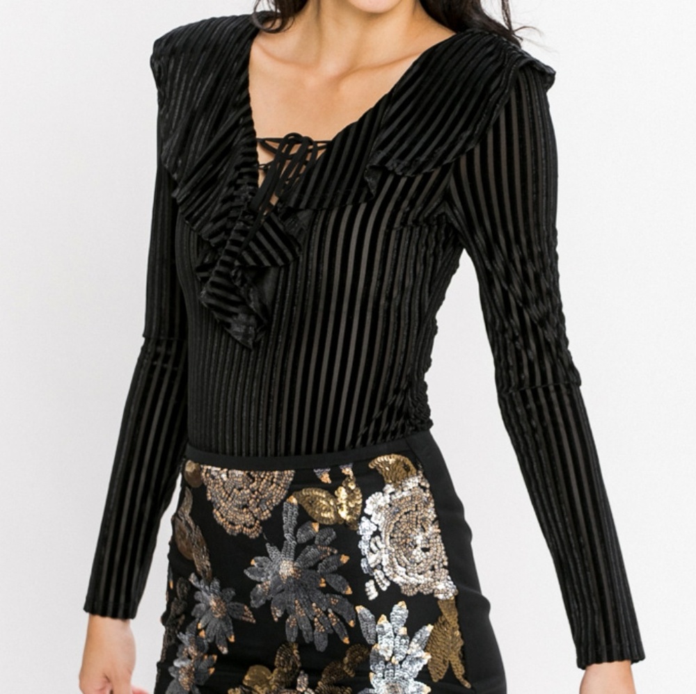 Velvet Ruffle Ribbed Tie Bodysuit - Picture 4 of 7